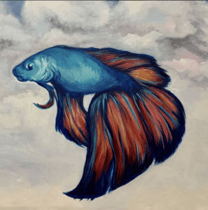 Colorful painting of fish in the clouds